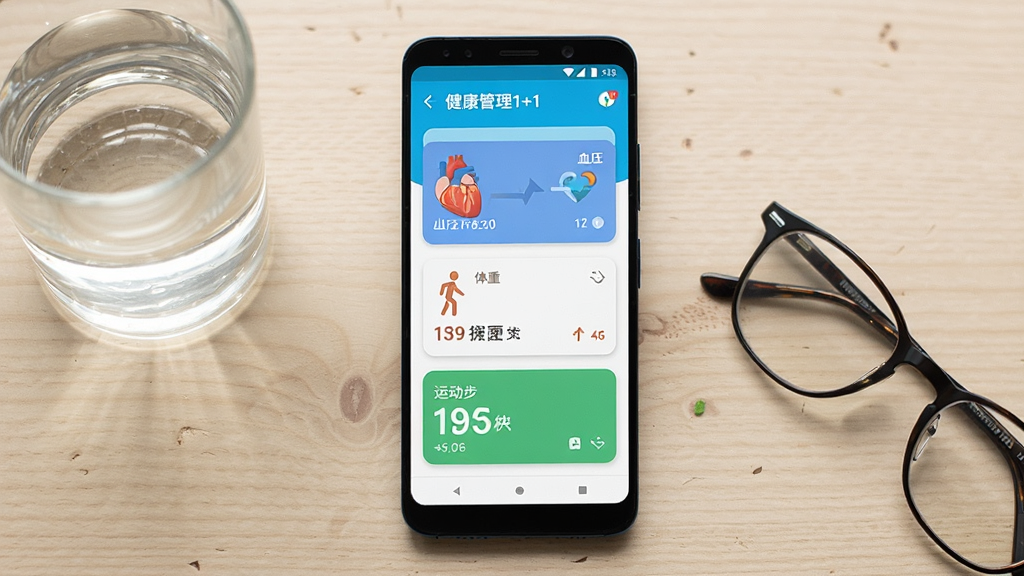 主体为一部安卓手机,屏幕中显示健康管理1+1应用的主界面,包含血压、体重、运动步数三个数据卡片;布局为手机居中放置,背景为浅色木质桌面,旁边放着一杯水和一副眼镜;排版为竖向构图,手机占据画面主要位置;风格为清新写实的产品展示风格;细节上屏幕内容清晰可辨,数据卡片有柔和阴影,桌面纹理自然;画质为高清,画面干净,无多余元素
