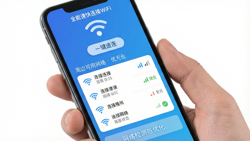 手机屏幕中央展示“全能速快连接WiFi”应用主界面,界面采用蓝色渐变背景,顶部显示WiFi信号图标与“一键速连”按钮,中部为周边可用网络列表,底部为网络检测与优化入口,整体布局简洁清晰,风格为现代扁平化科技风,细节包含信号强度标识与连接状态提示,画质高清,画面干净,无多余元素