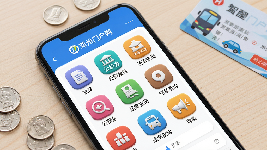 画面主体为“邓州门户网”应用内的便民服务页面,屏幕显示社保、公积金、违章查询等彩色功能图标整齐排列;手机平放于浅色桌面,旁边散落几枚硬币与一张公交卡;排版采用俯拍视角,重点展示屏幕内容;风格为清新简约数码风,色彩明快;细节上图标立体感强、文字清晰可辨;画质高清、画面干净、无多余元素