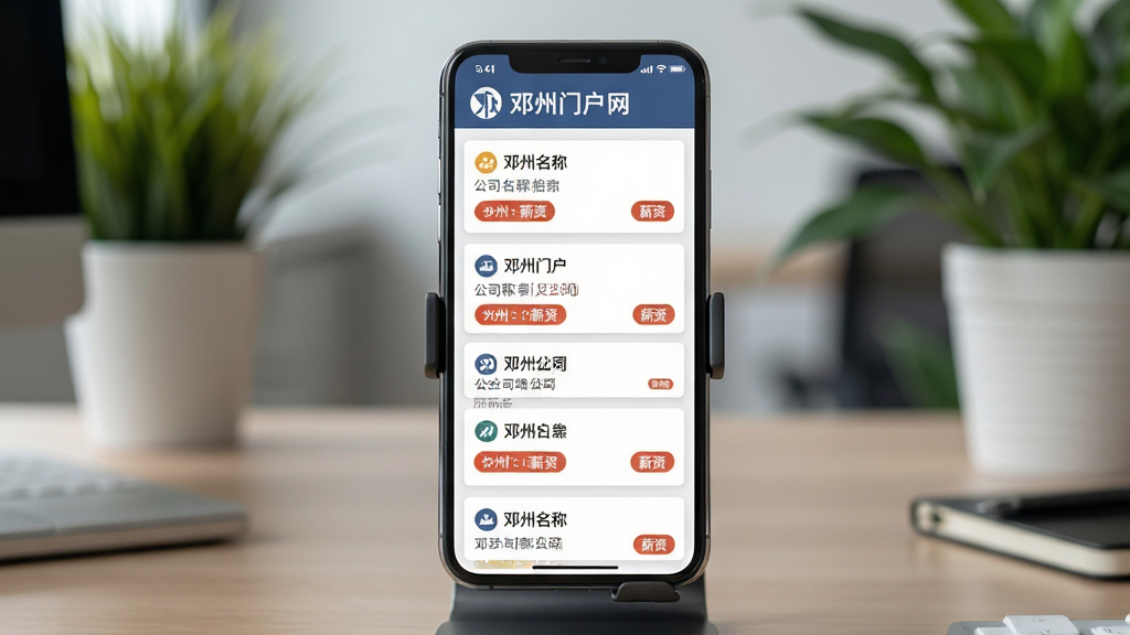 画面主体为“邓州门户网”招聘信息列表页面,屏幕显示多条邓州本地企业招聘岗位卡片,包含公司名称与薪资标签;手机竖立于桌面支架上,背景为虚化的办公桌与绿植;排版采用正面平视角度,屏幕内容占据画面中心;风格为商务办公摄影风,色调沉稳;细节上屏幕反光自然、文字清晰、卡片层次分明;画质高清、画面干净、无多余元素