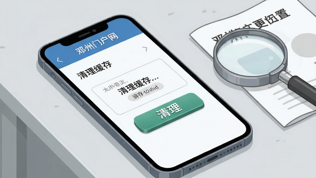 画面主体为一部手机屏幕显示“邓州门户网”设置页面中的清理缓存选项,界面清晰展示缓存占用大小与清理按钮;手机旁放置一个放大镜与一份说明书,背景为浅灰色桌面;排版采用斜侧视角,突出屏幕操作区域;风格为实用教程插图风,色调干净;细节上按钮立体、文字易读;画质高清、画面干净、无多余元素