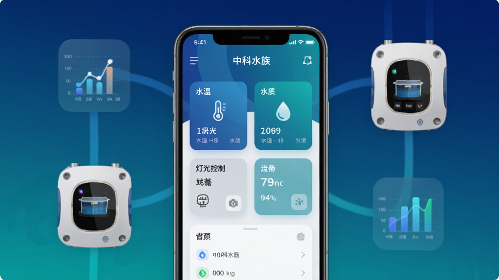 画面中央展示一部智能手机,手机屏幕上显示“中科水族”应用主界面,界面包含水温、水质、灯光控制等卡片式模块,手机周围环绕智能水族箱、控制器设备与数据曲线图标,整体采用深蓝与青绿渐变科技风格,布局简洁居中,细节清晰,画质高清,干净无多余元素