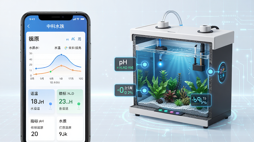画面以“中科水族”应用数据看板为主体,左侧为手机界面展示水质曲线图与指标卡片,右侧为智能水族箱剖面示意,水温、pH值等数据以发光数字标注,背景为浅色科技网格,风格清新专业,布局左右分栏,细节丰富,画质高清,干净无多余元素