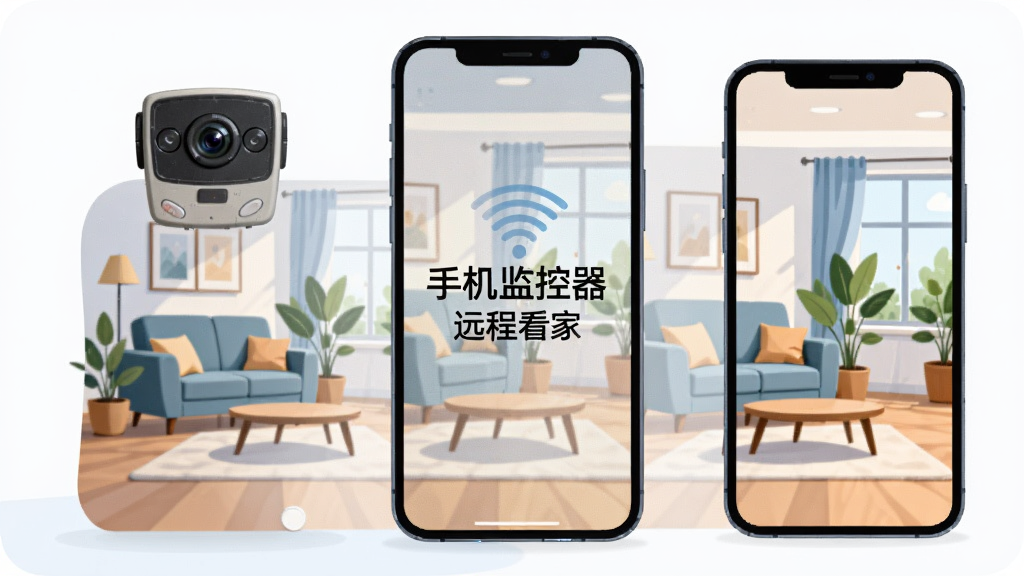 画面主体是一部智能手机屏幕显示着家庭客厅的实时监控画面,屏幕中央有