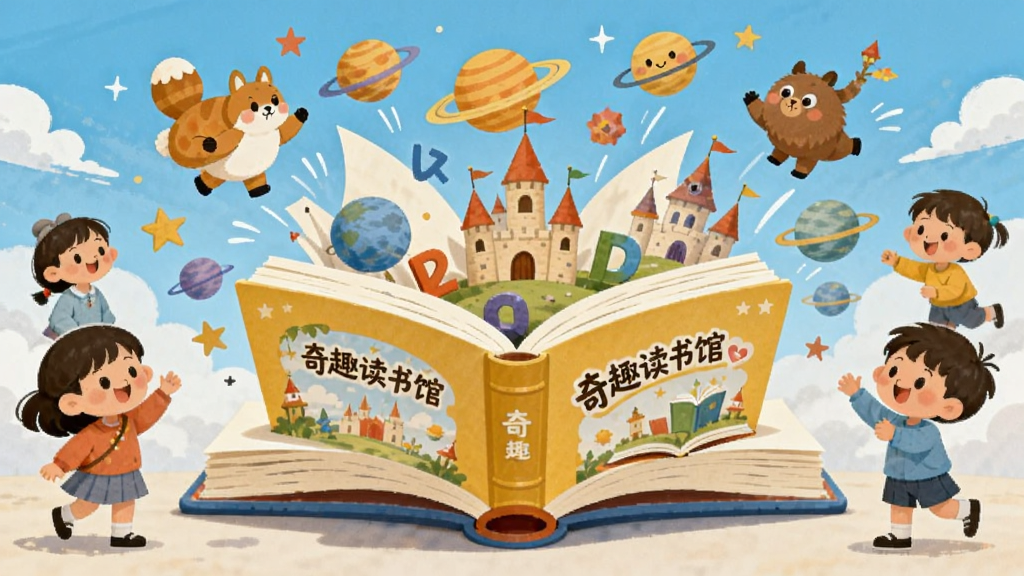 画面中央是一本打开的巨大立体书,书页中飞出卡通动物、星球、城堡与字母符号,四周环绕着不同年龄段的孩子形象,整体采用明亮活泼的插画风格,色彩以暖黄与天蓝为主,布局居中对称,细节丰富,画质清晰干净,画面中书籍封面印有