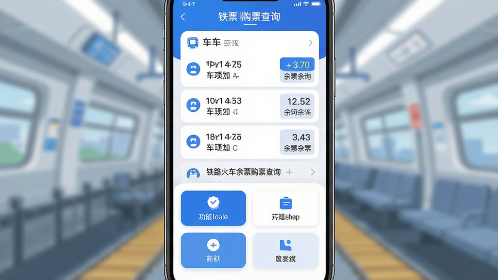 主体为一部竖屏智能手机居中放置,布局采用上下分层结构,上方展示铁路火车余票购票查询软件主界面,界面中有车次列表与余票数字标识,下方为简洁的功能按钮区域,排版整齐清晰,风格为现代扁平化科技风,细节包括蓝白配色、圆角卡片、图标简洁,画质高清干净无多余元素,图片中文字标注“铁路火车余票购票查询”