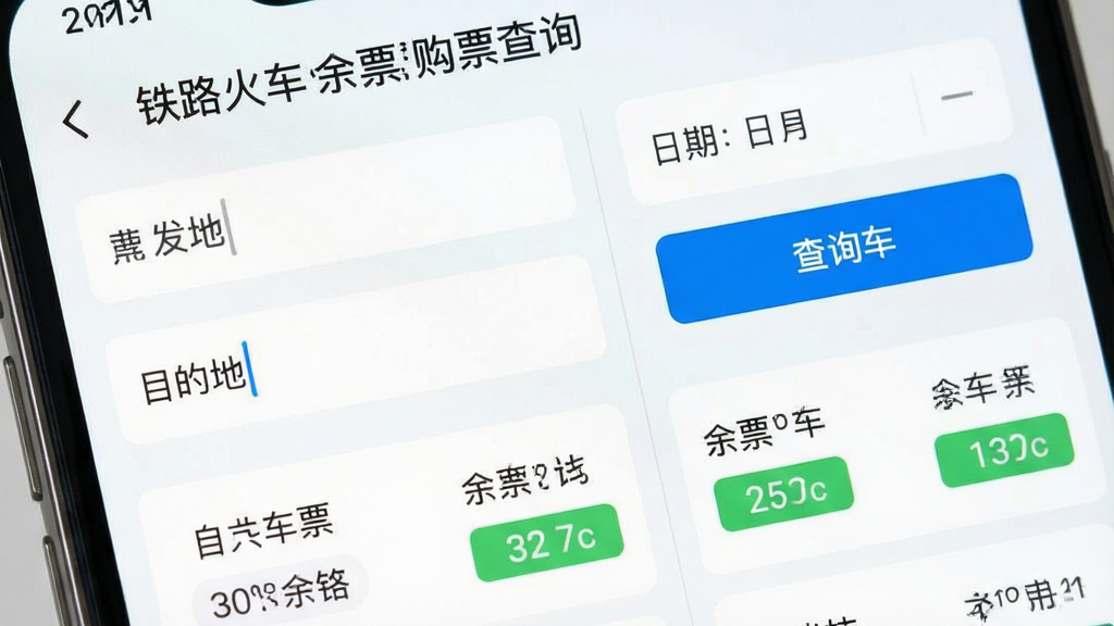 主体为手机屏幕特写,布局采用左右分栏,左侧为出发地与目的地输入框,右侧为日期选择与查询按钮,排版简洁明了,风格为清新浅色系UI设计,细节包括蓝色高亮查询按钮、车次列表卡片、余票数字用绿色标注,画质清晰干净无多余元素,图片中文字标注“铁路火车余票购票查询”