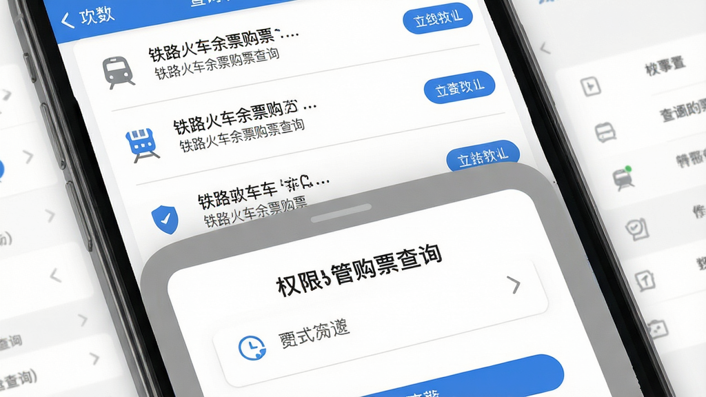 主体为手机屏幕展示软件查询结果页面与设置菜单,布局采用上下分层,上方为车次列表,下方为权限管理弹窗示意,排版清晰,风格为清爽扁平化设计,细节包括蓝色按钮、灰色列表分隔线、简洁图标,画质高清干净无多余元素,图片中文字标注“铁路火车余票购票查询”