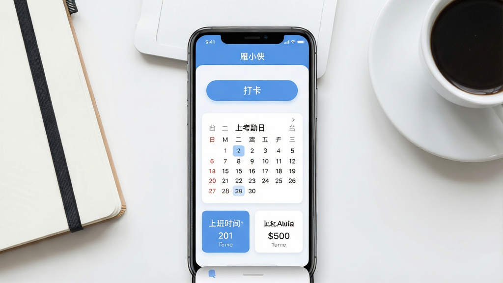 一张展示手机考勤打卡应用界面的写实风格图片,画面中央是一部竖屏智能手机,屏幕上显示“雁小侠”应用的主界面,包含打卡按钮、考勤日历和上下班时间卡片,手机两侧有简洁的办公桌面元素如笔记本和咖啡杯,整体布局为居中构图,风格为现代扁平化UI展示风格,细节包括清晰的应用图标和柔和的蓝白配色,画质高清,画面干净,无多余元素