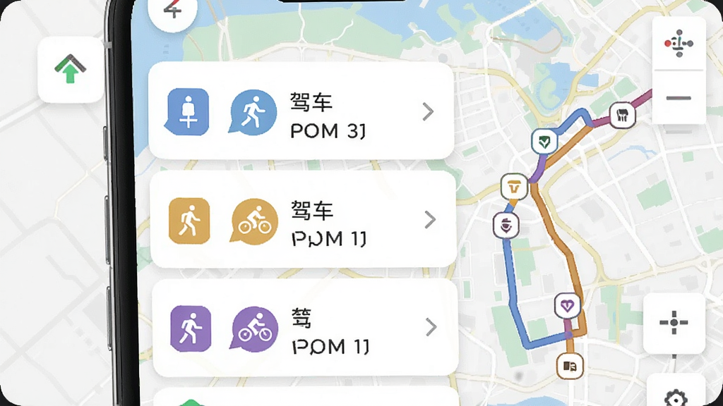 手机地图导航多模式路线规划界面图,手机屏幕显示三条不同颜色的路线方案列表,每条路线旁标注驾车、步行、骑行图标与预计时间,地图区域用对应颜色线条画出路径走向,整体布局清晰有序,风格清爽,画质干净