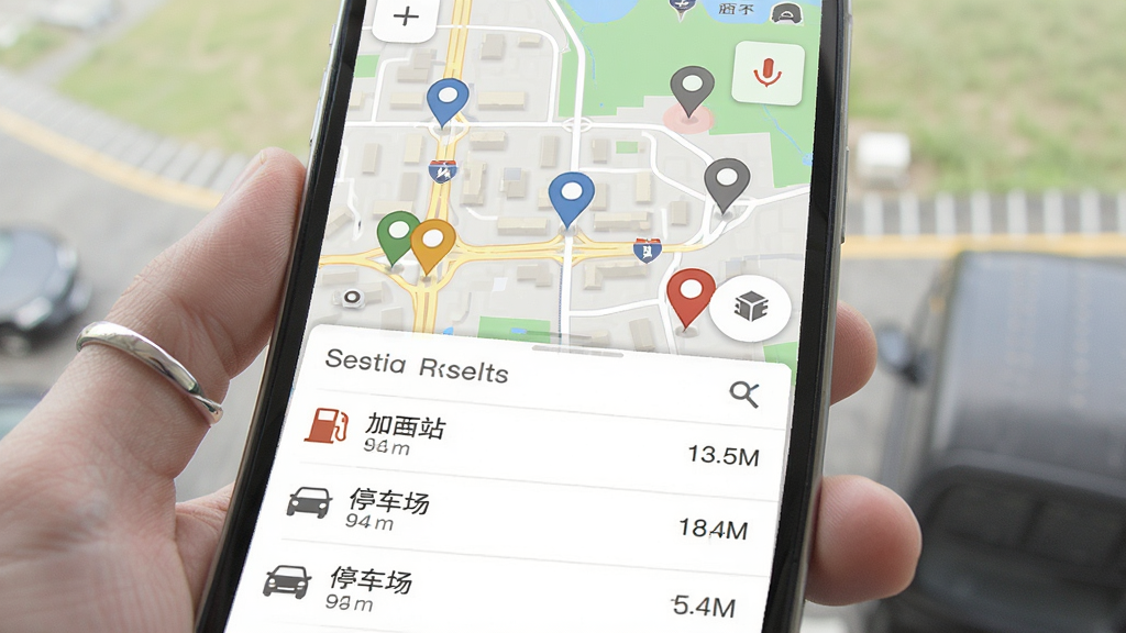 手机地图导航周边检索功能展示图,手机屏幕显示地图上分布着多个地点标记图标,下方为搜索结果列表,包含加油站、停车场等条目与距离数值,界面排版规整,风格明快,画质干净清晰