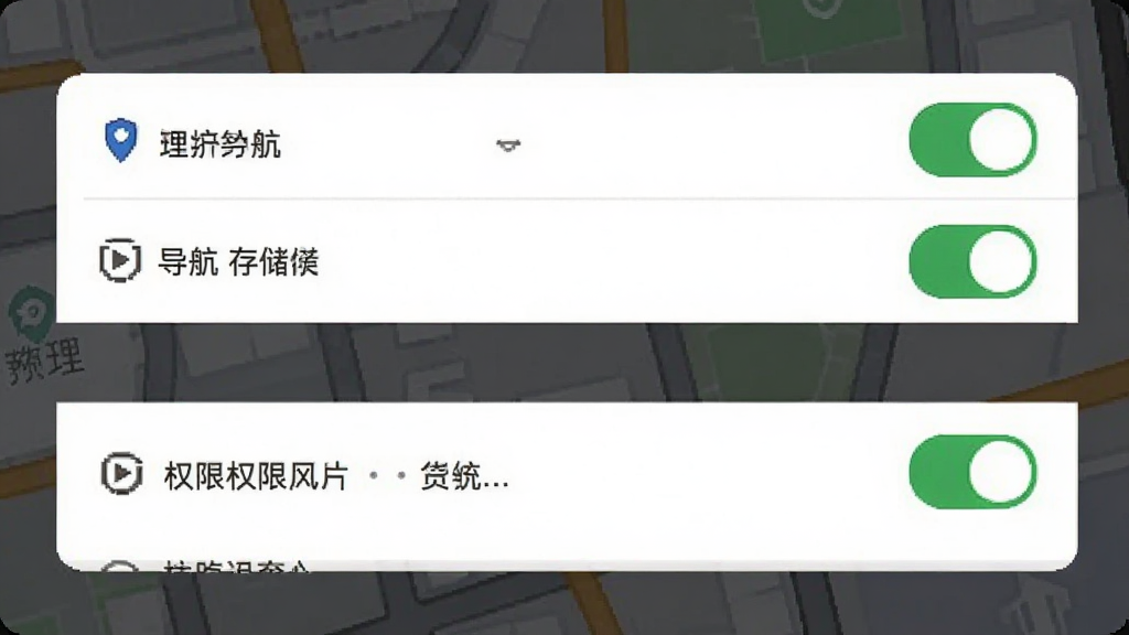 手机地图导航安装权限设置示意图,画面展示手机设置界面中的权限管理页面,定位、存储等权限开关处于开启状态,界面布局清晰,风格简洁,画质干净,无多余装饰元素