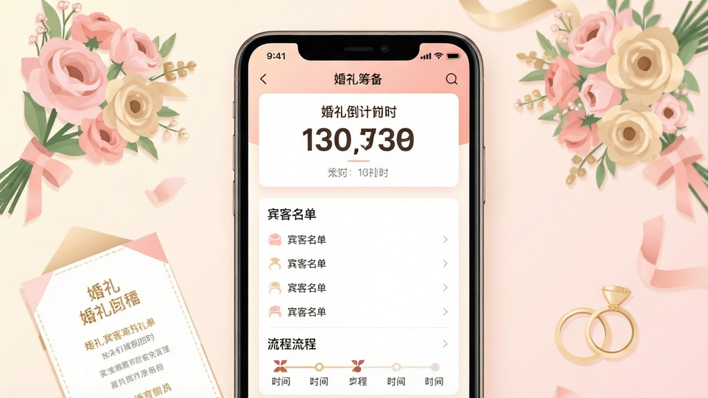 画面主体是一部智能手机竖屏展示婚礼筹备应用界面,界面中包含婚礼倒计时卡片、宾客名单列表和流程时间轴;布局采用居中构图,手机两侧点缀淡粉色与香槟色的婚礼元素如花束、请柬和戒指;排版清晰突出手机屏幕内容,背景为柔和的浅色渐变;风格为清新现代的扁平化插画风;细节上屏幕内文字为中文界面元素,整体色调温暖明亮;画质高清、干净、无多余元素
