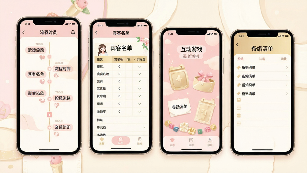 婚礼总动员应用功能展示图,画面主体为多部手机并排展示不同功能页面,包括流程时间轴、宾客名单表格、互动游戏界面和备婚清单;布局为横向排列错落有致;排版上每部手机屏幕内容清晰可辨;风格为清爽的UI展示插画;细节中屏幕内文字为中文,配色以浅粉、米白和淡金为主;画质高清、干净、无多余元素