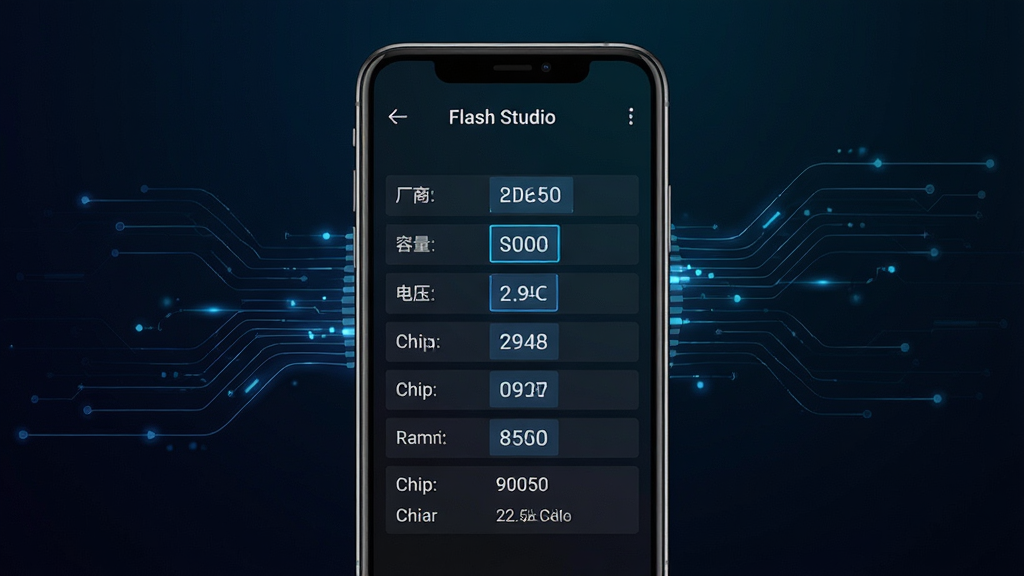 一张展示“Flash Studio”软件设备信息检测页面的图片,画面为手机屏幕显示芯片参数列表,包括厂商、容量、电压等字段,背景为深色科技渐变,布局上手机屏幕占据画面中心,周围有数据流动线条装饰,风格为简约科技风,细节包括白色文字和蓝色数据高亮,画质清晰干净,无多余元素