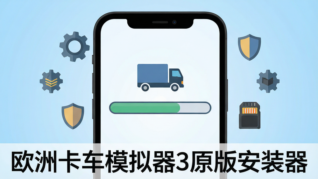 一部智能手机屏幕显示安装进度条界面,进度条上方有卡车图标,屏幕周围环绕着齿轮、盾牌与存储卡等小图标,背景为浅蓝色渐变,画面下方写着“欧洲卡车模拟器3原版安装器”文字,整体为扁平化科技风格,构图简洁,画质清晰干净