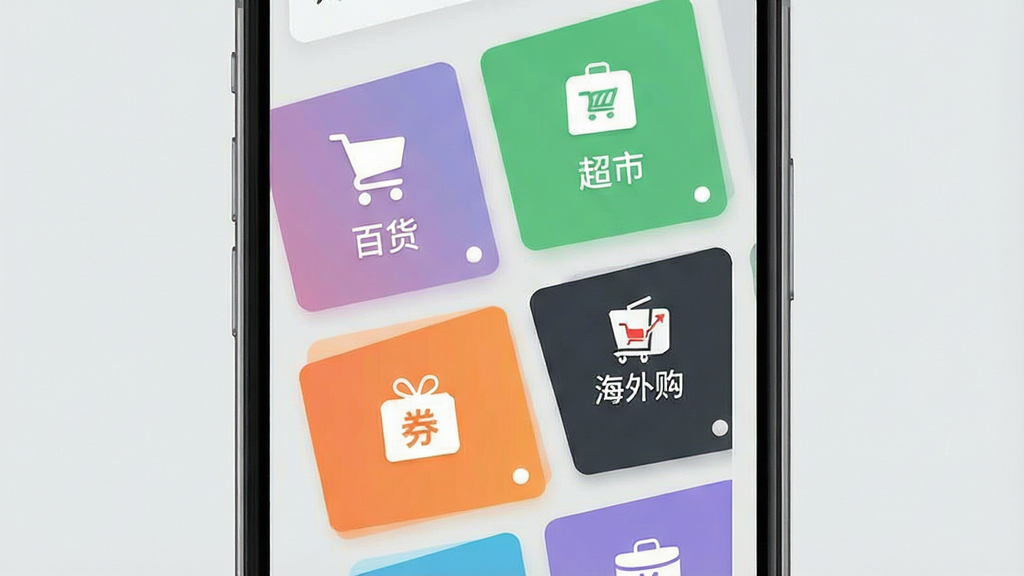 一张展示购物应用内多个频道入口的界面示意图,画面为手机屏幕特写,屏幕内排列百货、超市、海外购、优惠券等彩色功能卡片,卡片带有简洁图标,背景为浅灰色,风格扁平清新,细节干净,画质清晰,无多余元素