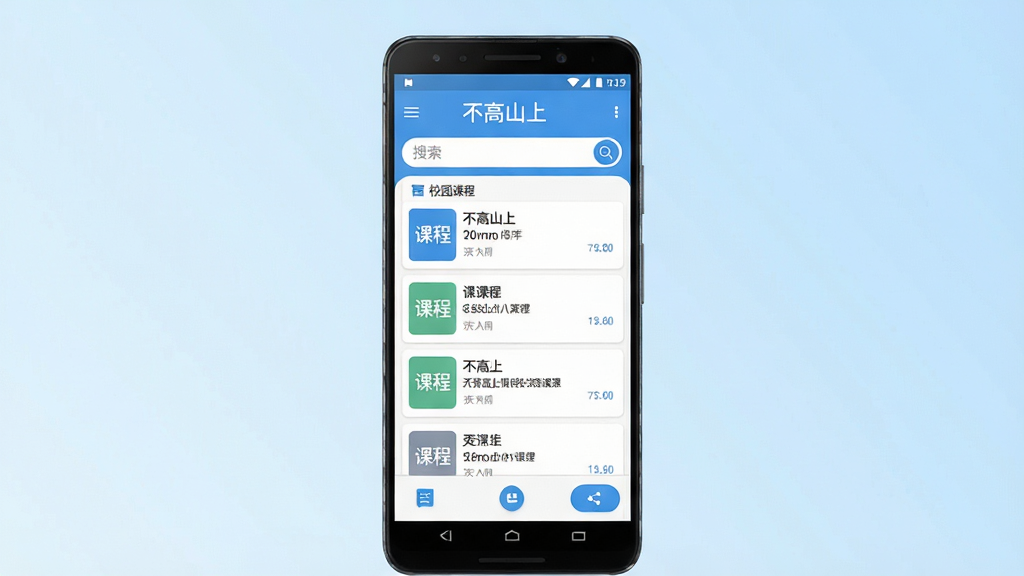 一张手机应用界面展示图,画面中央是一部竖屏安卓手机,手机屏幕上显示着简洁的校园选课应用主界面,顶部有“不高山上”字样,界面包含课程列表、搜索框和功能按钮,背景为浅蓝色渐变,风格清爽简约,细节清晰,画质干净,无多余元素