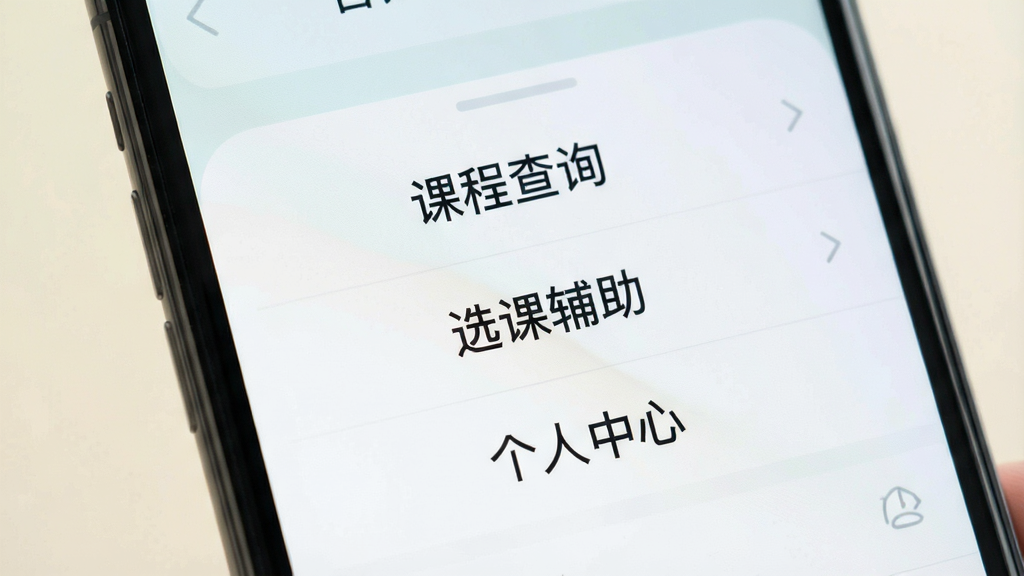 一张手机应用界面特写图,画面聚焦手机屏幕上的简洁功能菜单,包含“课程查询”“选课辅助”“个人中心”等文字标签,背景为柔和浅色,风格清新素雅,细节清晰,画质干净,无多余元素