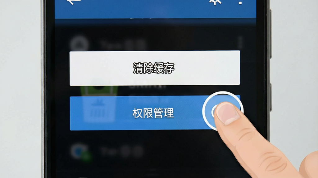 一张手机操作示意图,画面展示一部安卓手机屏幕上的应用管理界面,包含“清除缓存”“权限管理”等选项按钮,旁边有手指点击的示意动作,背景为浅灰色,风格简洁说明性强,布局清晰,画质干净,无多余元素