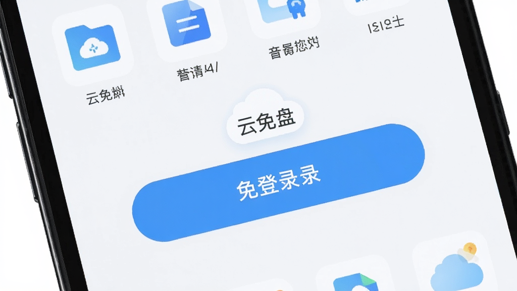 主体为手机屏幕特写,屏幕显示云免盘应用主界面,界面中央有醒目的免登录入口按钮,布局上下结构,排版留白充足,风格为清爽浅色UI风,细节包含文件图标与云朵装饰,画质清晰干净无多余元素