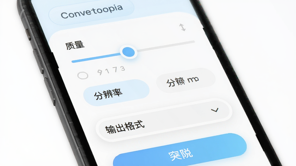 Convertopia 参数设置界面示意图,手机屏幕显示转换参数调节面板,包含质量滑块、分辨率选项、输出格式下拉菜单等控件,界面布局清晰,按钮圆润,浅色调设计,画质细腻,无杂乱元素