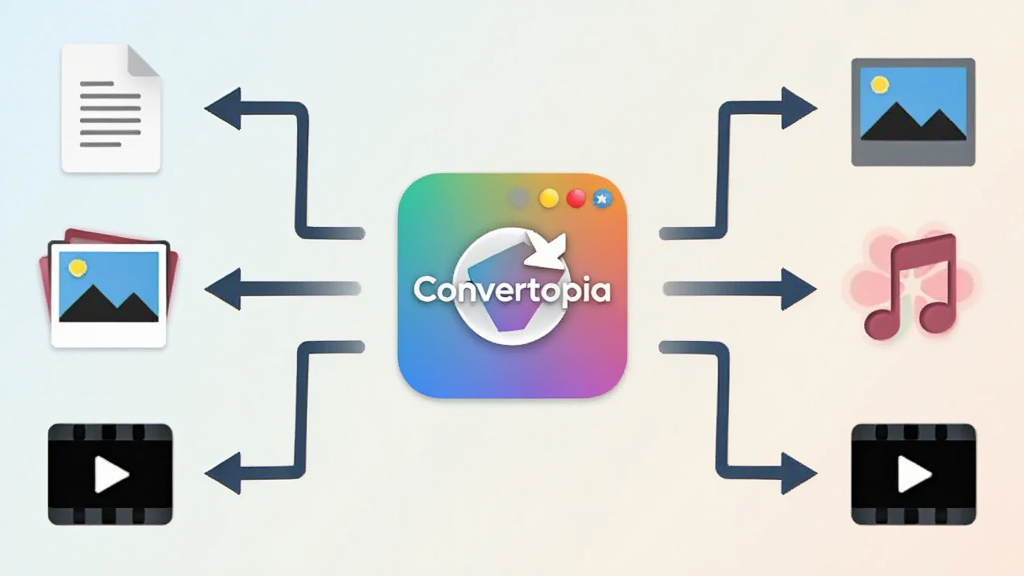 Convertopia 功能展示图,画面中央为 Convertopia 软件图标,四周环绕文档、图片、音乐、视频四类文件图标,箭头指向转换后的新格式图标,布局对称,风格简洁明快,浅色渐变背景,细节清晰,画质干净