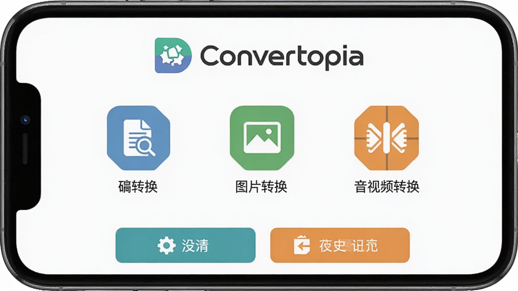 Convertopia 软件主界面截图,手机屏幕居中展示,顶部为软件名称 Convertopia 的标识,中部排列文档转换、图片转换、音视频转换等功能入口图标,底部为设置与历史记录按钮,整体采用扁平化设计风格,浅色背景,界面干净整洁,画质清晰,无多余装饰元素
