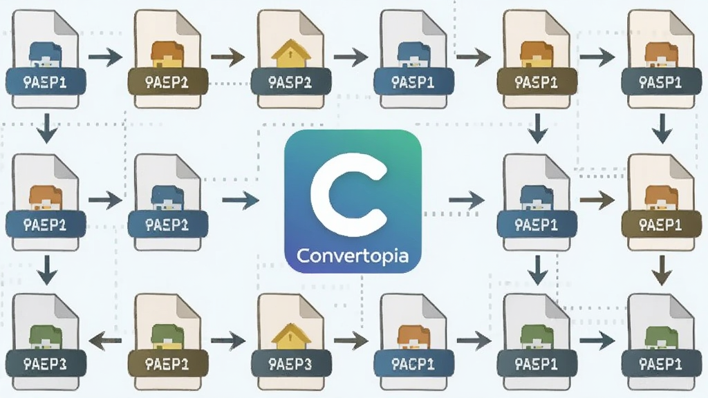 一张以 Convertopia 软件为主题的插画,画面中展示多个不同格式的文件图标围绕软件标志排列,图标之间有箭头表示转换方向,布局对称有序,风格扁平化科技感,细节清晰,画质干净明亮,无多余元素