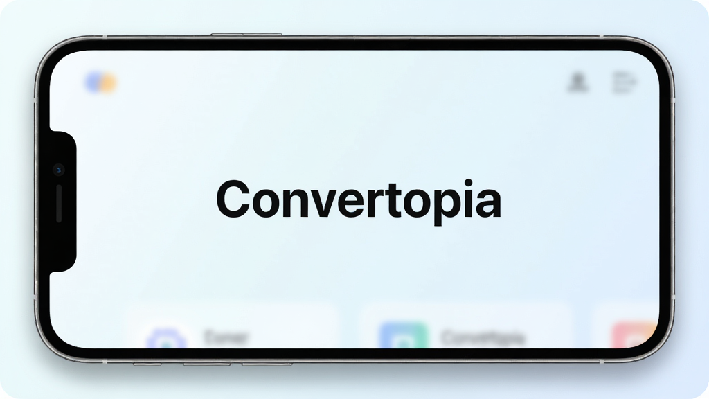 一张展示 Convertopia 软件主界面的手机屏幕截图,画面中央为软件名称“Convertopia”字样,界面采用简洁的卡片式布局,背景为清爽的浅色渐变,屏幕周围有柔和的光影效果,风格现代简约,画质清晰干净,无多余元素
