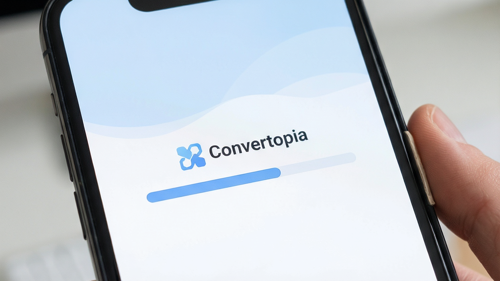 一张展示 Convertopia 软件转换进度界面的手机画面,屏幕中央有进度条与“Convertopia”软件标识,界面风格清爽简约,背景为柔和蓝白配色,画质清晰,细节干净,无多余装饰元素