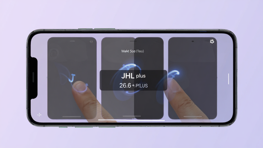 一张展示JHL启动器26.6plus手机移植版本(测试)手势操作演示的手机界面图,画面中手机屏幕显示手指滑动切换面板的动画轨迹,界面有半透明的操作指引层,风格现代简约,背景为浅紫色渐变,手机以正面视角展示,画质清晰,干净无多余元素
