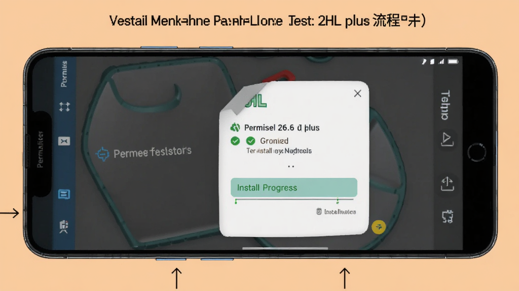 一张展示JHL启动器26.6plus手机移植版本(测试)在手机上安装和权限设置流程的示意图,画面中手机屏幕显示权限授予对话框和安装进度条,界面风格清晰直观,背景为浅橙色,手机以正面视角展示,画质清晰,干净无多余元素