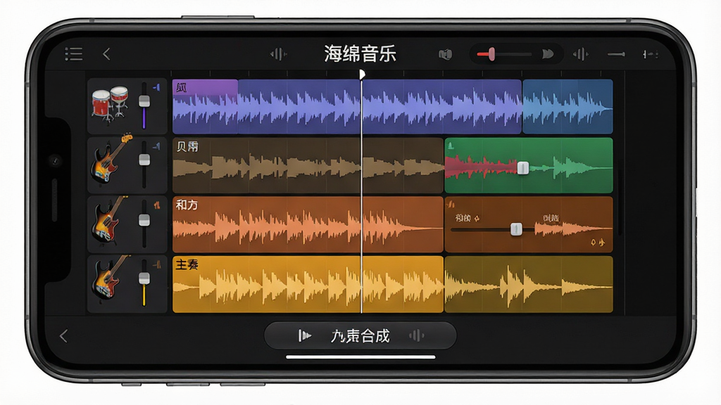 一张展示多轨编曲界面的手机应用示意图,画面为横屏手机界面,屏幕内显示四条彩色音轨,分别标注鼓、贝斯、和弦与主奏,每轨上有波形块与音量推子,界面顶部有“海绵音乐”标题栏,底部有人声合成按钮,整体风格为深色专业音频软件界面,布局规整,画质清晰,无杂乱元素