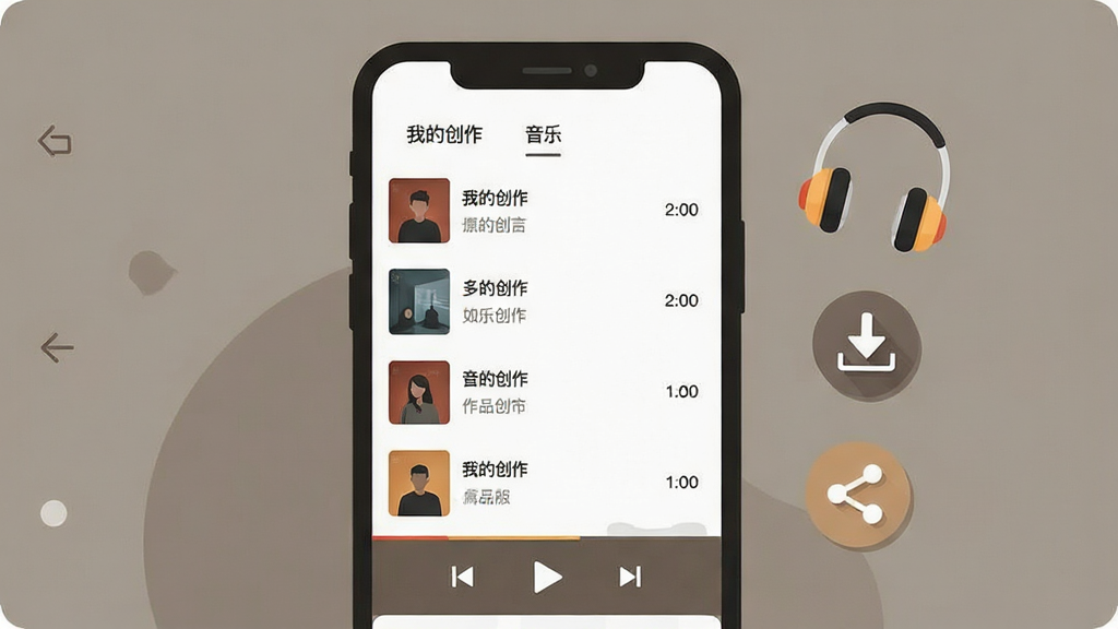 一张表现音乐播放与作品管理的界面插画,画面中央是手机屏幕,显示“我的创作”列表与下方播放控制条,列表项带有封面缩略图与时长信息,屏幕右侧漂浮着耳机、下载箭头与分享图标,背景为暖灰色调,风格简洁扁平,画质清晰,无多余元素