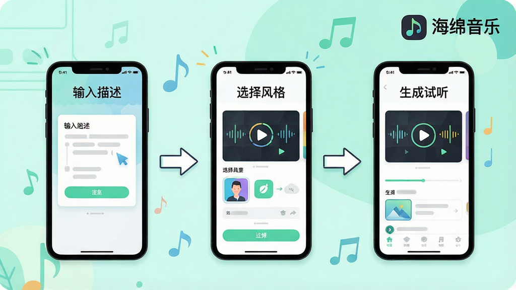 一张展示三步创作流程的步骤示意图,画面从左到右排列三个手机屏幕,分别标注“输入描述”“选择风格”“生成试听”,屏幕之间用箭头连接,每个屏幕内显示对应界面元素,画面右上角有“海绵音乐”标识,风格为清新的信息图插画,布局横向排列,画质干净,无多余文字装饰