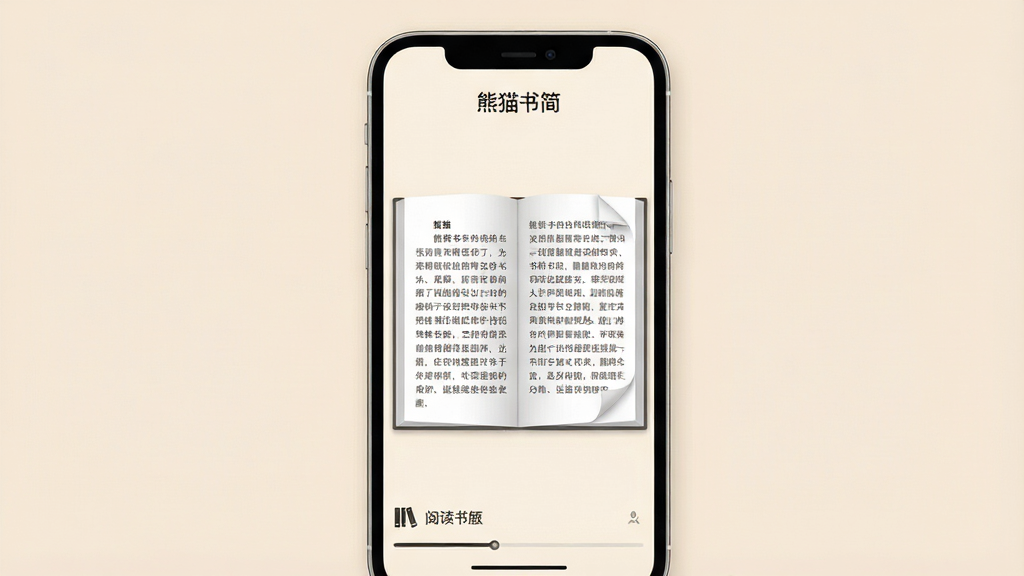 一张手机屏幕展示电子书阅读界面,画面中央是一本打开的电子书,书页上排列整齐的中文文字,界面顶部有“熊猫书简”四个字,背景为柔和浅米色,布局为居中手机正面视图,风格为清爽扁平化UI设计,细节包括书页翻角、简洁的书架图标与阅读进度条,画质清晰,干净,无多余元素