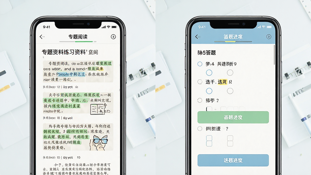 主体为手机屏幕展示专题资料阅读页与练习答题页并排;布局为左右双屏对比;排版左侧为图文资料、右侧为选择题界面;风格为简洁学习工具风格;细节包括高亮重点标记、答题选项按钮、进度提示;画质清晰、干净、无多余元素