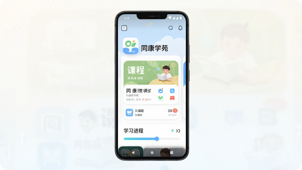 主体为一部竖屏安卓手机,屏幕中央展示同康学苑应用首页界面,包含课程卡片与学习进度条;布局为手机居中、背景为浅色渐变;排版上方留白放置应用图标与名称“同康学苑”;风格为清爽扁平化UI展示风格;细节包括圆角卡片、柔和阴影、简洁图标;画质清晰、干净、无多余元素