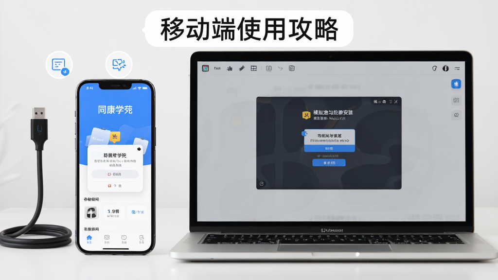主体为一部手机与一台笔记本电脑并排,手机屏幕显示同康学苑学习界面,电脑屏幕显示模拟器安装提示;布局为左右并列;排版上方有“移动端使用攻略”文字标签;风格为数码产品展示风格;细节包括数据线、权限弹窗图标、存储空间示意图;画质清晰、干净、无多余元素