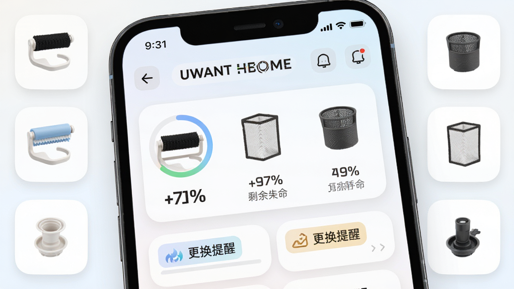 ������һ���ֻ���Ļ��д��������ʾUWANT HOME�ĲĹ���ҳ�棬������ˢ�����������ͼ����ʣ�������ٷֱȣ�����Ϊ�ֻ����У����ܻ������Сͼ�ꣻ�Ű�����Ϣ�㼶���������Ϊ���Բ�ǿ�Ƭ�磻ϸ�ڰ������Ȼ����������ѱ�ǩ��ǳɫ���������ʸ��壬�ɾ����޶���Ԫ��