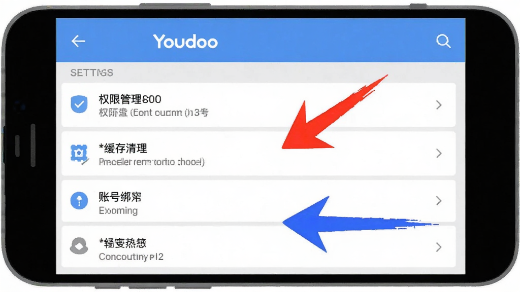 �ֻ���Ļչʾ Youdoo Ӧ������ҳ�棬����Ȩ�޹����������������˺Ű󶨵�ѡ���б���ҳ���Ա��к�ɫ����ɫ��ע��ͷָ��ؼ������������Ϊ��ƽ�� UI ʾ��ͼ������ǳ��ɫ�����������ɾ�����������