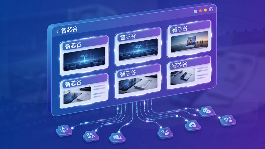画面主体为一块悬浮的虚拟信息面板,面板上排列着“智芯谷”资讯卡片,卡片带有标题栏和缩略图;面板下方延伸出多条数据线连接不同的小图标,代表资讯来源聚合;布局为上下结构,信息面板占据画面上方三分之二;风格为现代科技感UI插画;细节上卡片边缘有微光、数据线呈流线型、整体色调为蓝紫渐变;画质高清、干净、无多余元素