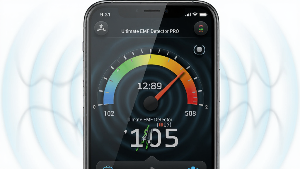 手机屏幕特写,显示Ultimate EMF Detector PRO的实时磁场读数界面,大号数字与半圆指针表盘清晰可见,屏幕周围有淡蓝色电磁波纹扩散效果,背景为深色科技风格,布局居中对称,风格为产品界面展示写实,细节包括玻璃屏幕质感与图标阴影,画质高清干净,无多余元素