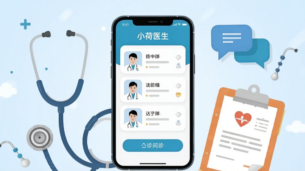 画面中央放置一部智能手机,手机屏幕显示“小荷医生”应用主界面,界面包含医生列表与问诊入口按钮,手机周围环绕听诊器、病历夹、对话气泡等医疗元素,背景为浅蓝色渐变,整体采用扁平化插画风格,构图居中对称,细节干净清晰,画质高清,无多余装饰元素
