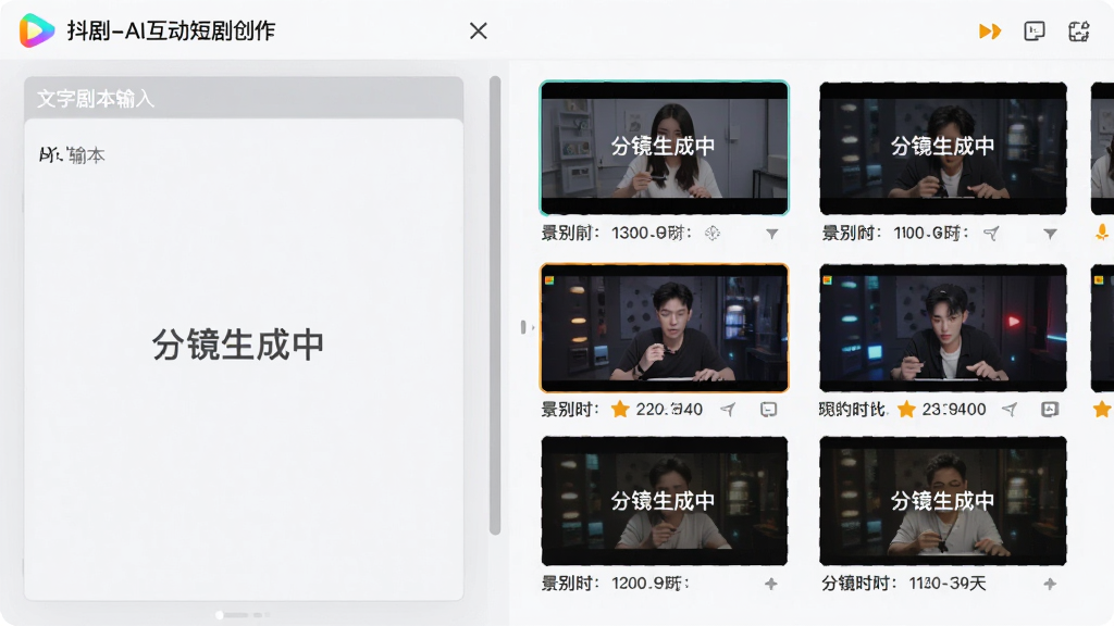 画面展示抖剧-AI互动短剧创作的AI分镜界面,左侧为文字剧本输入框,右侧自动生成一排分镜缩略图,每个缩略图下方标注景别与时长,整体布局清晰,风格为扁平化设计,画质干净,文字内容为“分镜生成中”