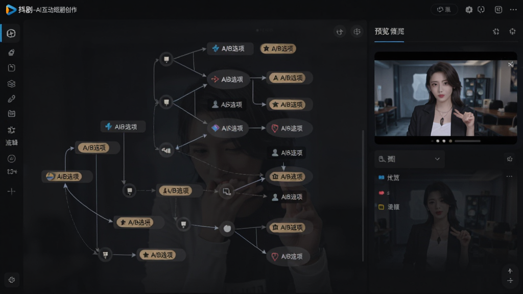 抖剧-AI互动短剧创作的互动分支编辑界面,屏幕中央为树状剧情流程图,节点之间用箭头连接,部分节点带有“A/B选项”标签,右侧为预览窗口,整体风格为深色模式,细节清晰,画质干净无杂乱