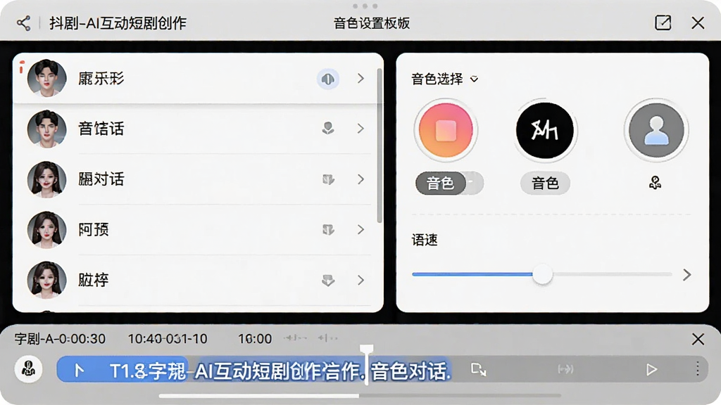 抖剧-AI互动短剧创作的配音设置面板,左侧为角色对话列表,右侧为音色选择与语速调节滑块,底部显示字幕时间轴,界面风格简洁,画质干净,文字显示“音色选择”