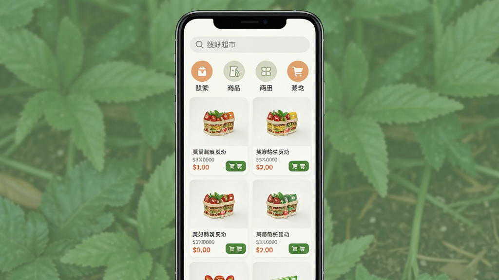 美好超市手机端商品分类浏览界面,主体为一部竖屏手机,屏幕上展示整齐的商品分类图标与商品列表,布局为顶部搜索栏加下方网格商品卡片,风格清爽简洁的电商UI,细节包含价格标签与购物车按钮,画质清晰干净无多余元素
