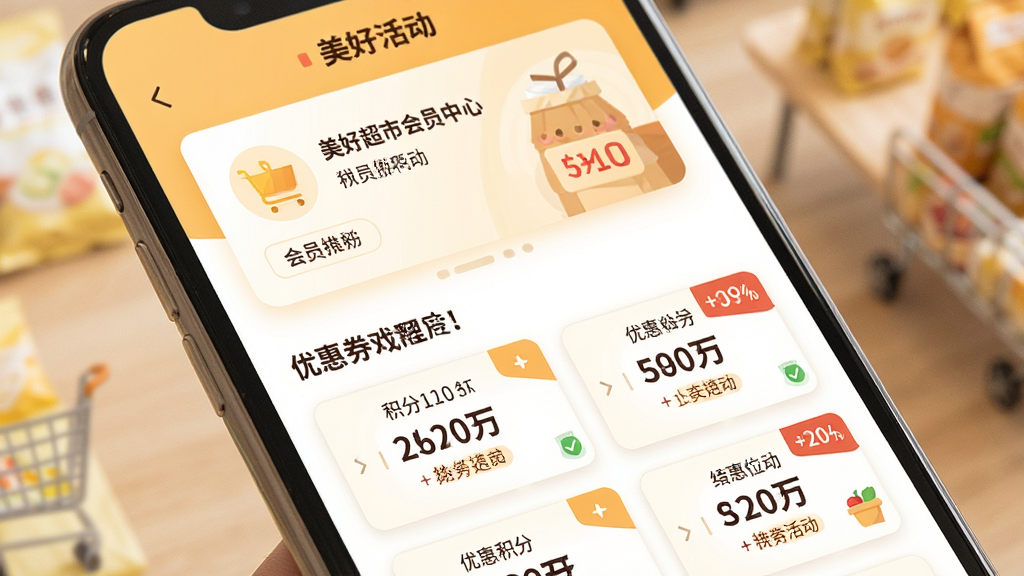美好超市会员中心与优惠活动页面,主体为手机屏幕特写,布局为上方会员卡片下方优惠券列表,风格温暖明亮的电商视觉,细节包含积分数字与折扣标签,画质清晰干净无多余元素